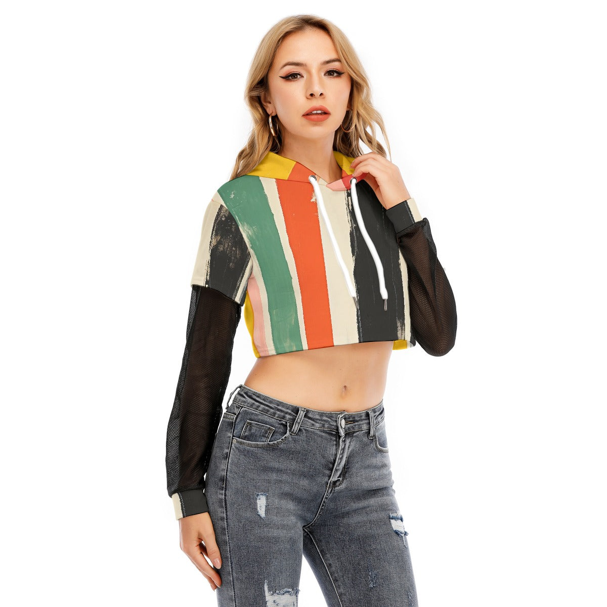 All-Over Print Women's Fake Two-piece Mesh Sleeve Cropped Hoodie