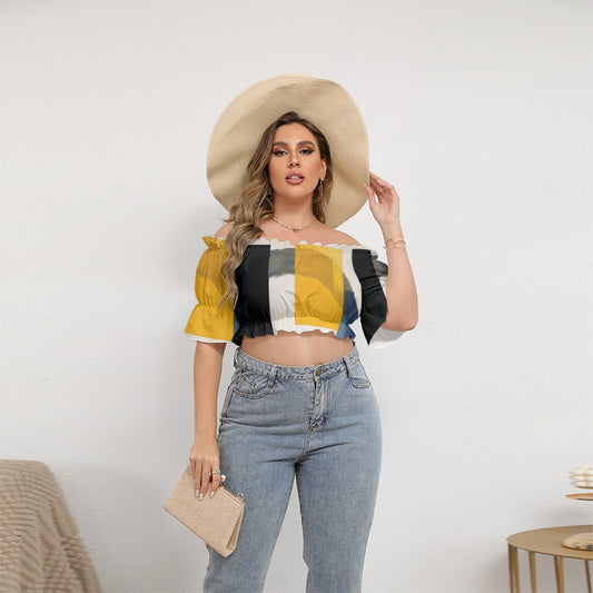 All-Over Print Women's Off-shoulder Cropped Top With Short Puff Sleeve