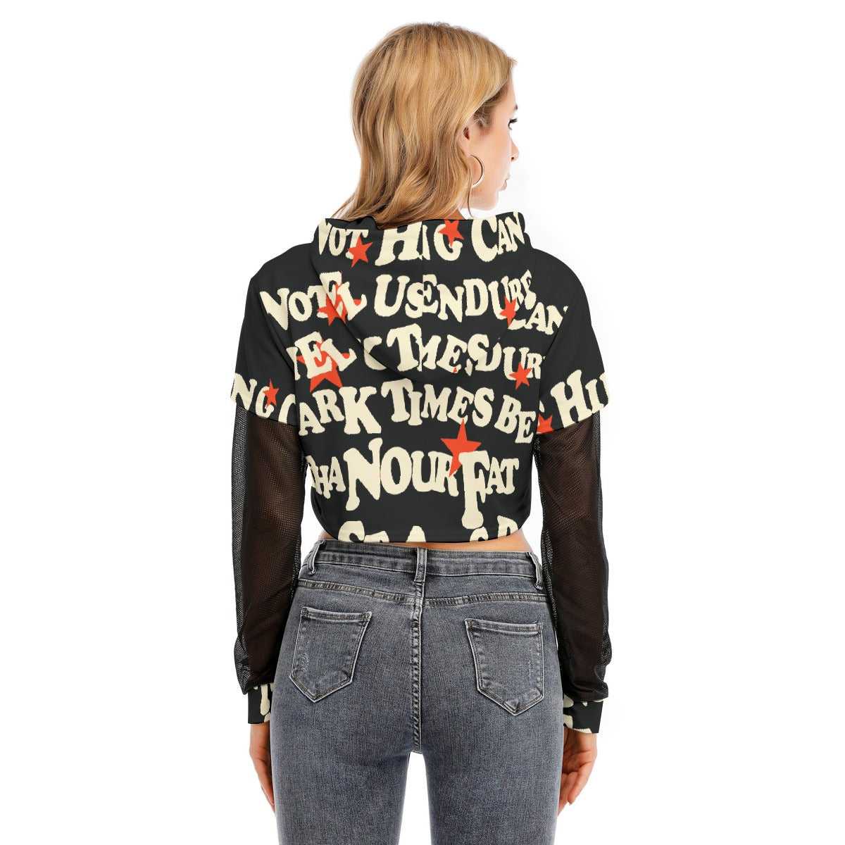 All-Over Print Women's Fake Two-piece Mesh Sleeve Cropped Hoodie