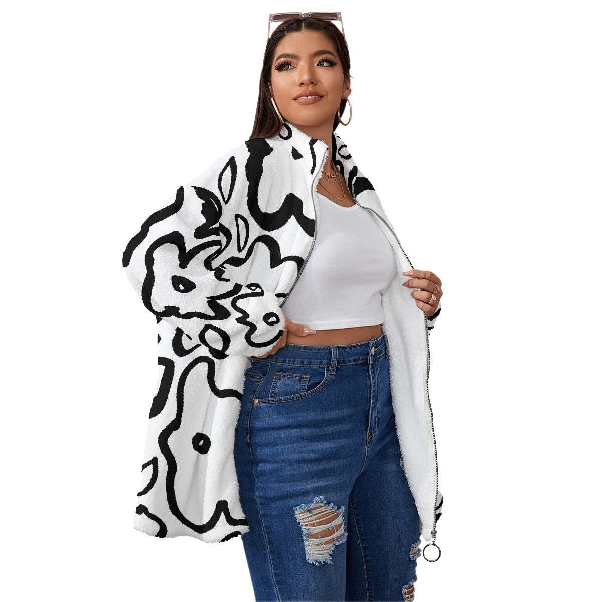 All-Over Print Unisex Borg Fleece Stand-up Collar Coat With Zipper Closure(Plus Size)