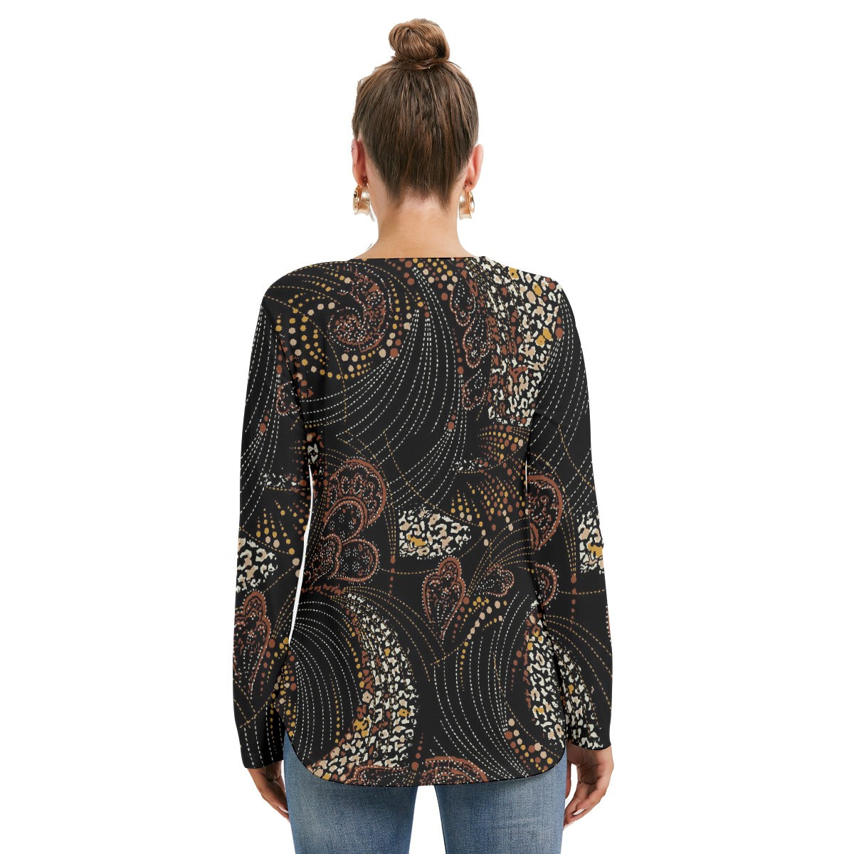 All-Over Print Women's Long Sleeve Neckline Tie Sweatshirt