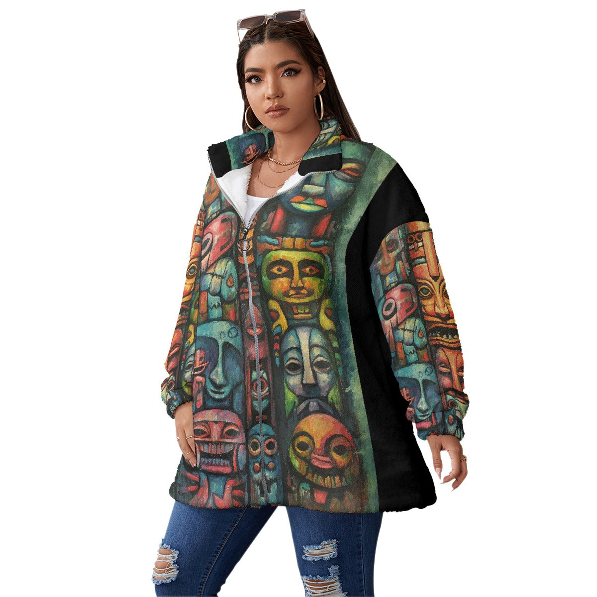 All-Over Print Unisex Borg Fleece Stand-up Collar Coat With Zipper Closure(Plus Size)