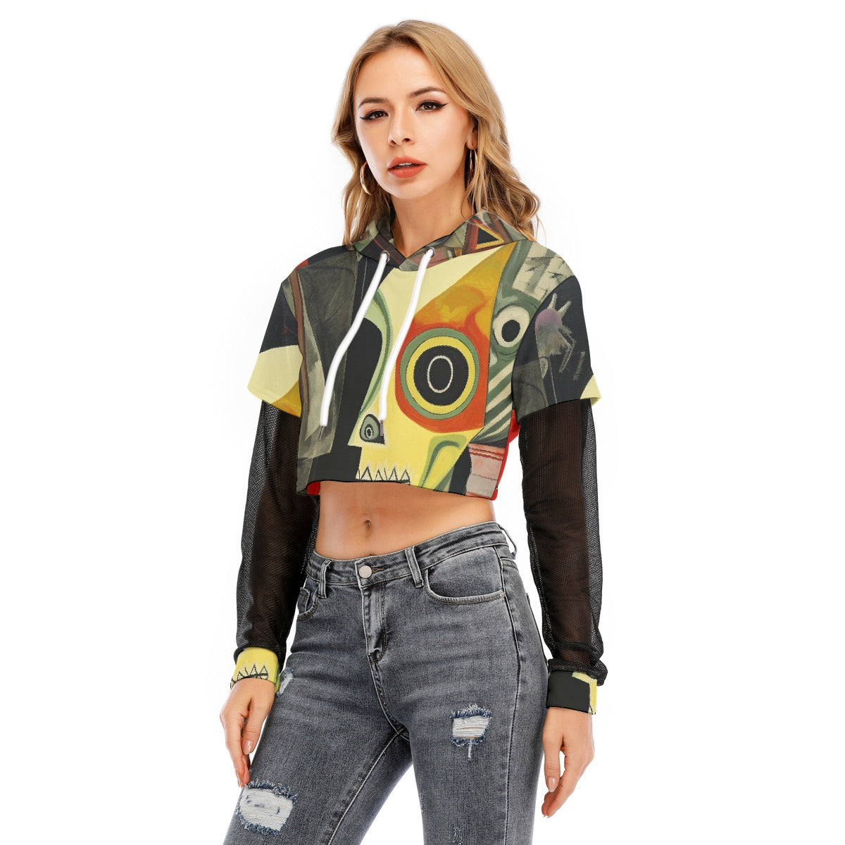 All-Over Print Women's Fake Two-piece Mesh Sleeve Cropped Hoodie