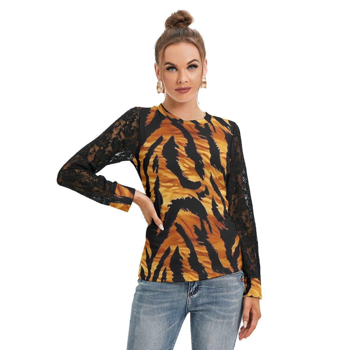 All-Over Print Women's T-shirt And Sleeve With Black Lace