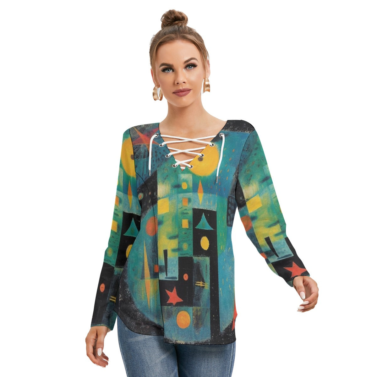 All-Over Print Women's Long Sleeve Neckline Tie Sweatshirt