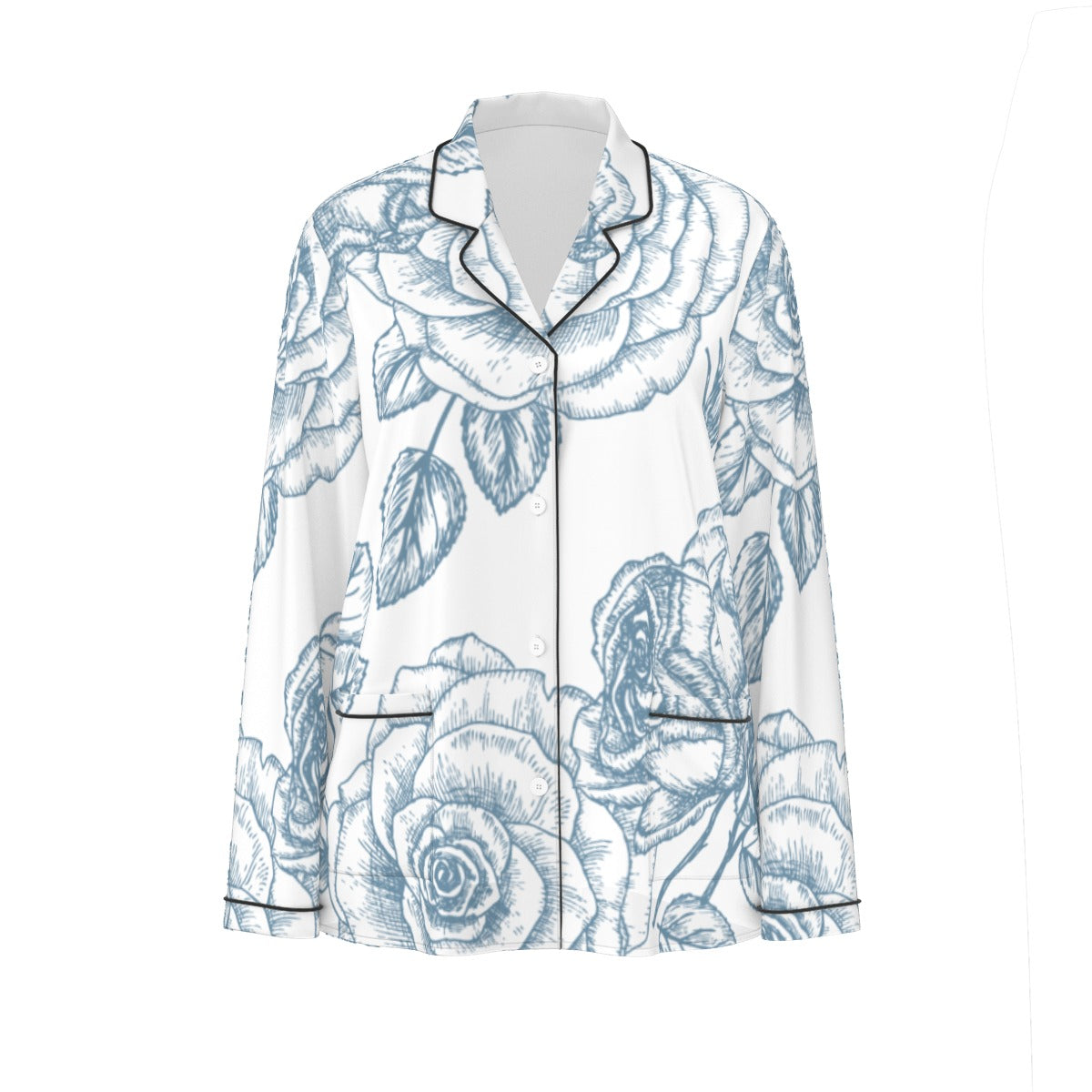 All-Over Print Women's Long Sleeve Pajama Set With Black Contrast Piping