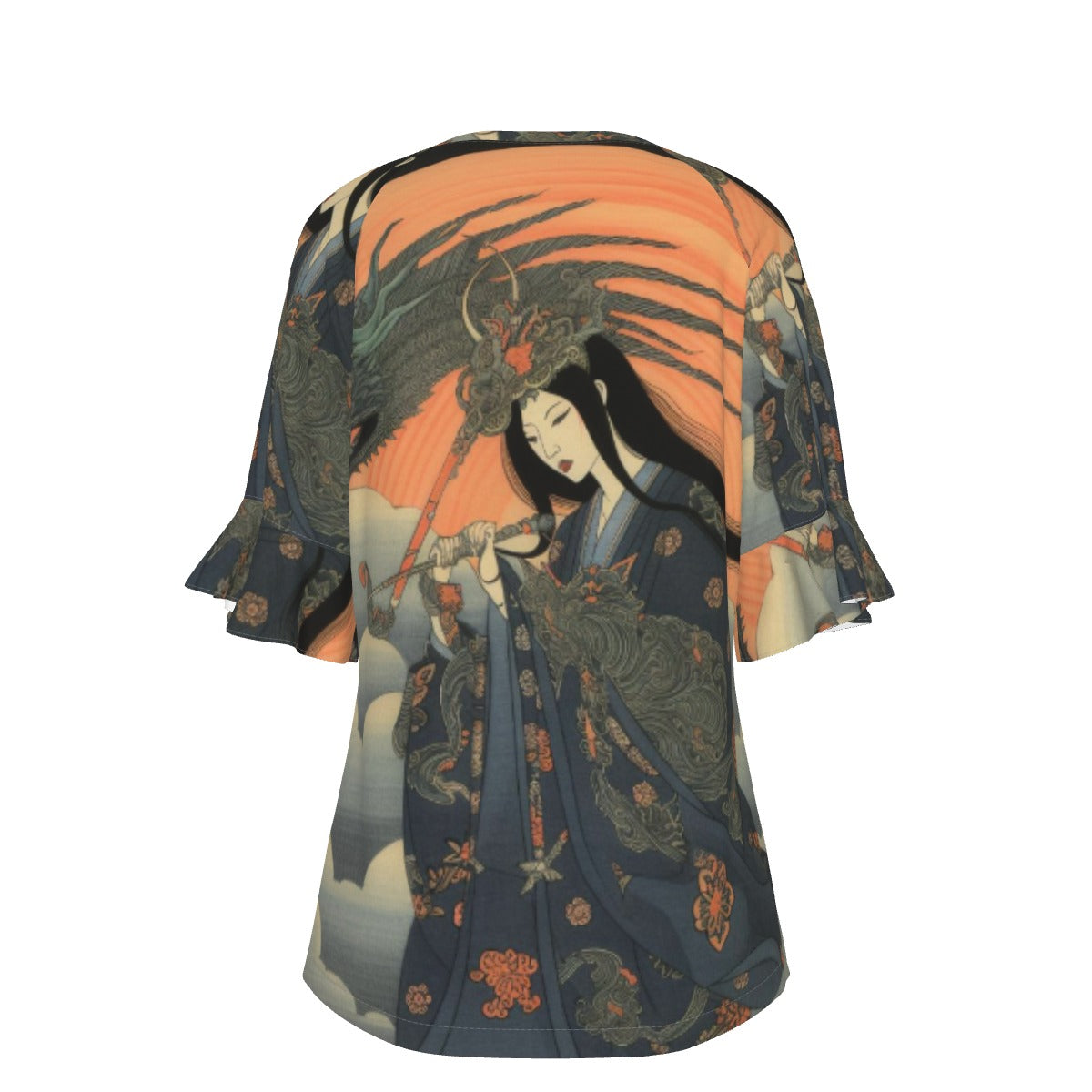 All-Over Print V-neck Women's T-shirt With Bell Sleeve