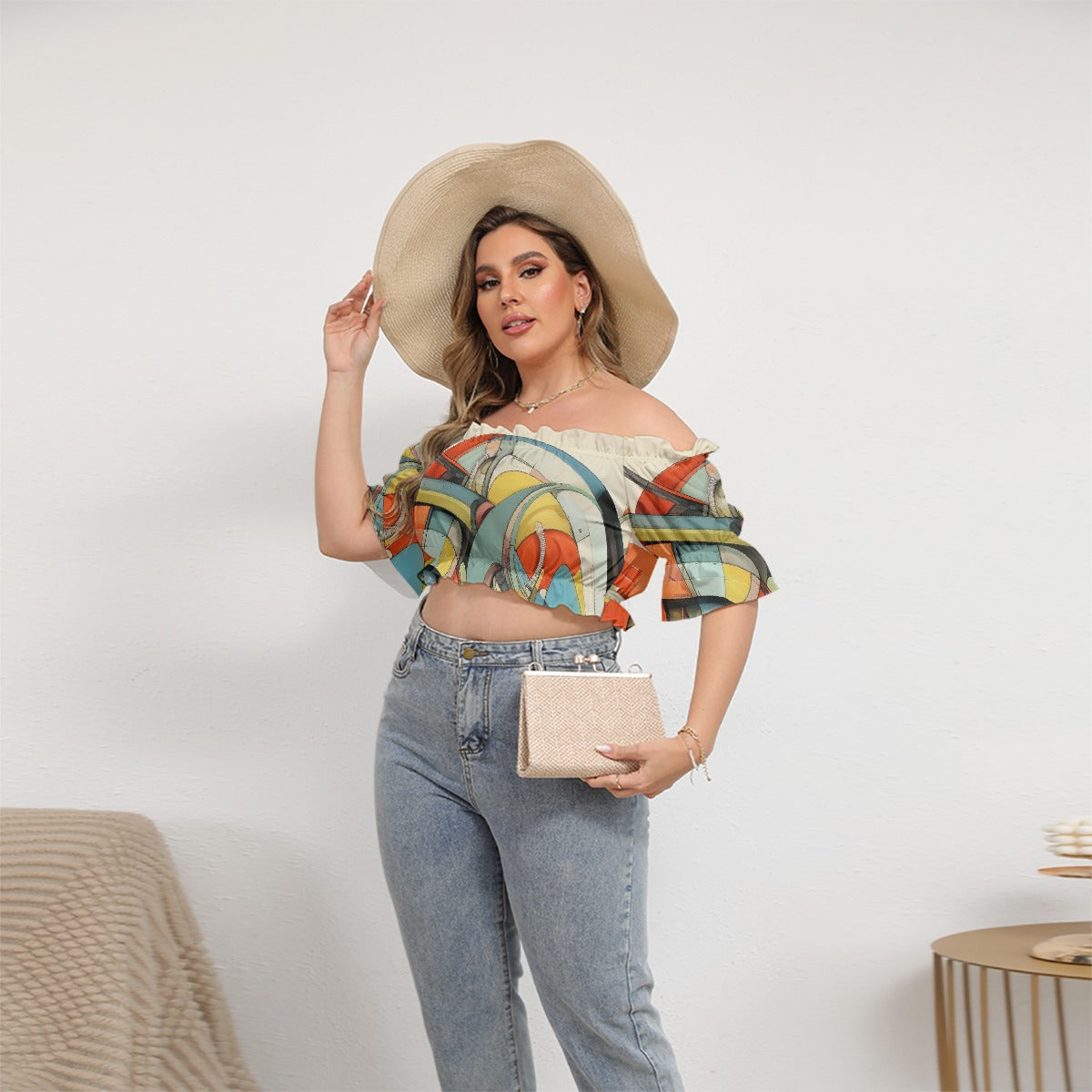 All-Over Print Women's Off-shoulder Cropped Top With Short Puff Sleeve