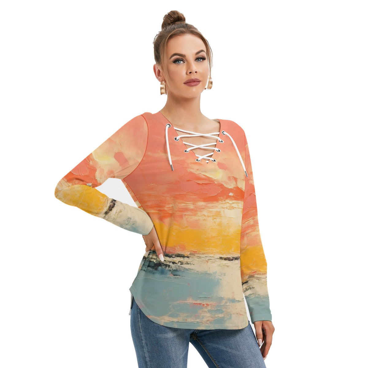 All-Over Print Women's Long Sleeve Neckline Tie Sweatshirt
