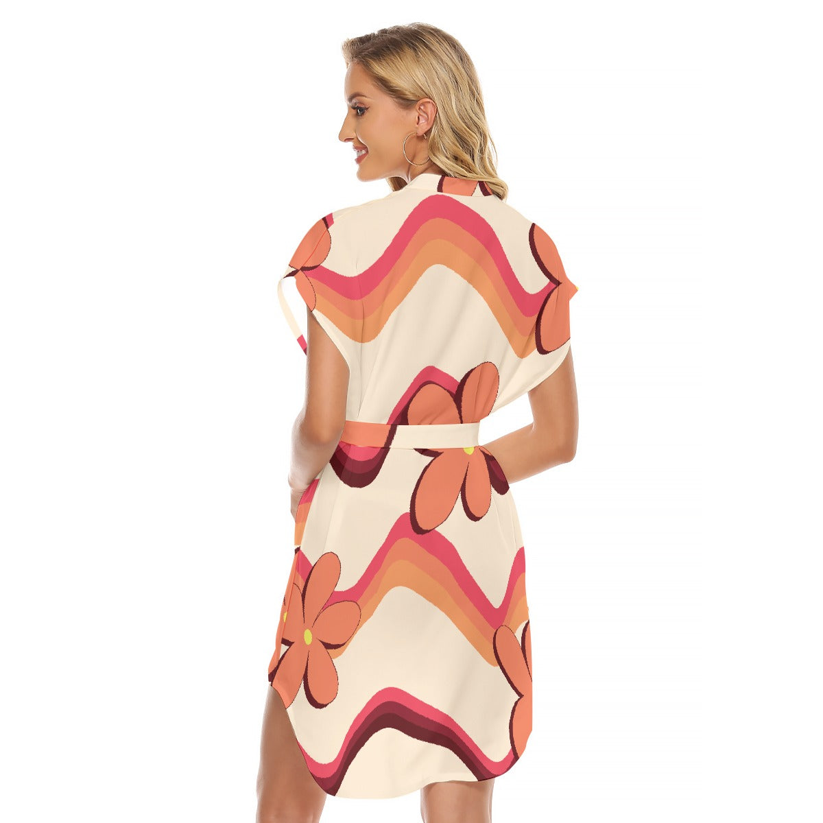 All-Over Print Women's Stand-up Collar Casual Dress With Belt