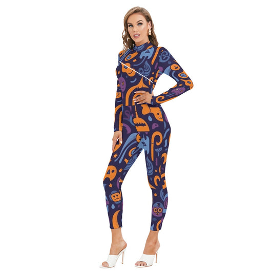 All-Over Print Women's Long-sleeved High-neck Jumpsuit With Zipper