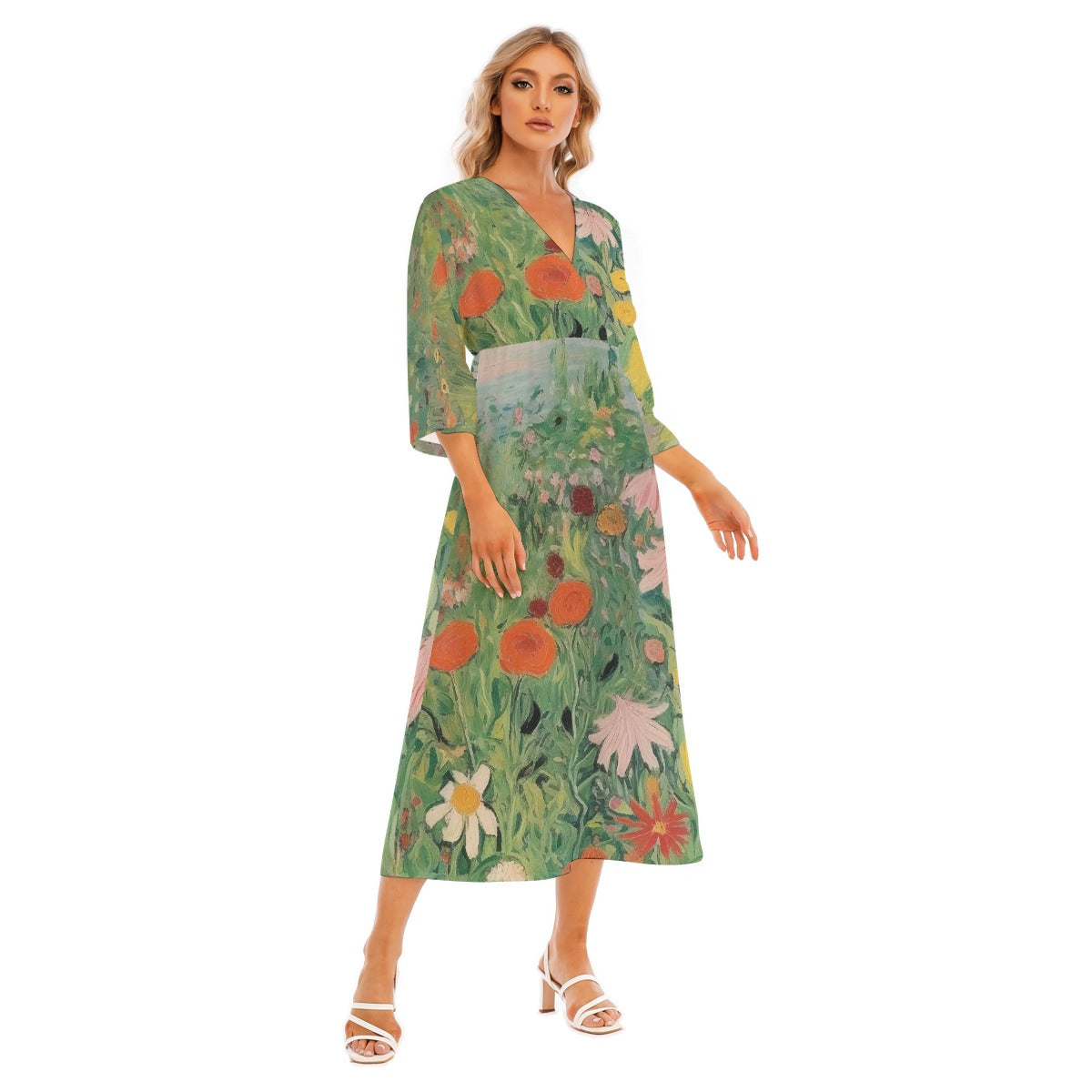 All-Over Print Women's Mid-Sleeve Long Dress