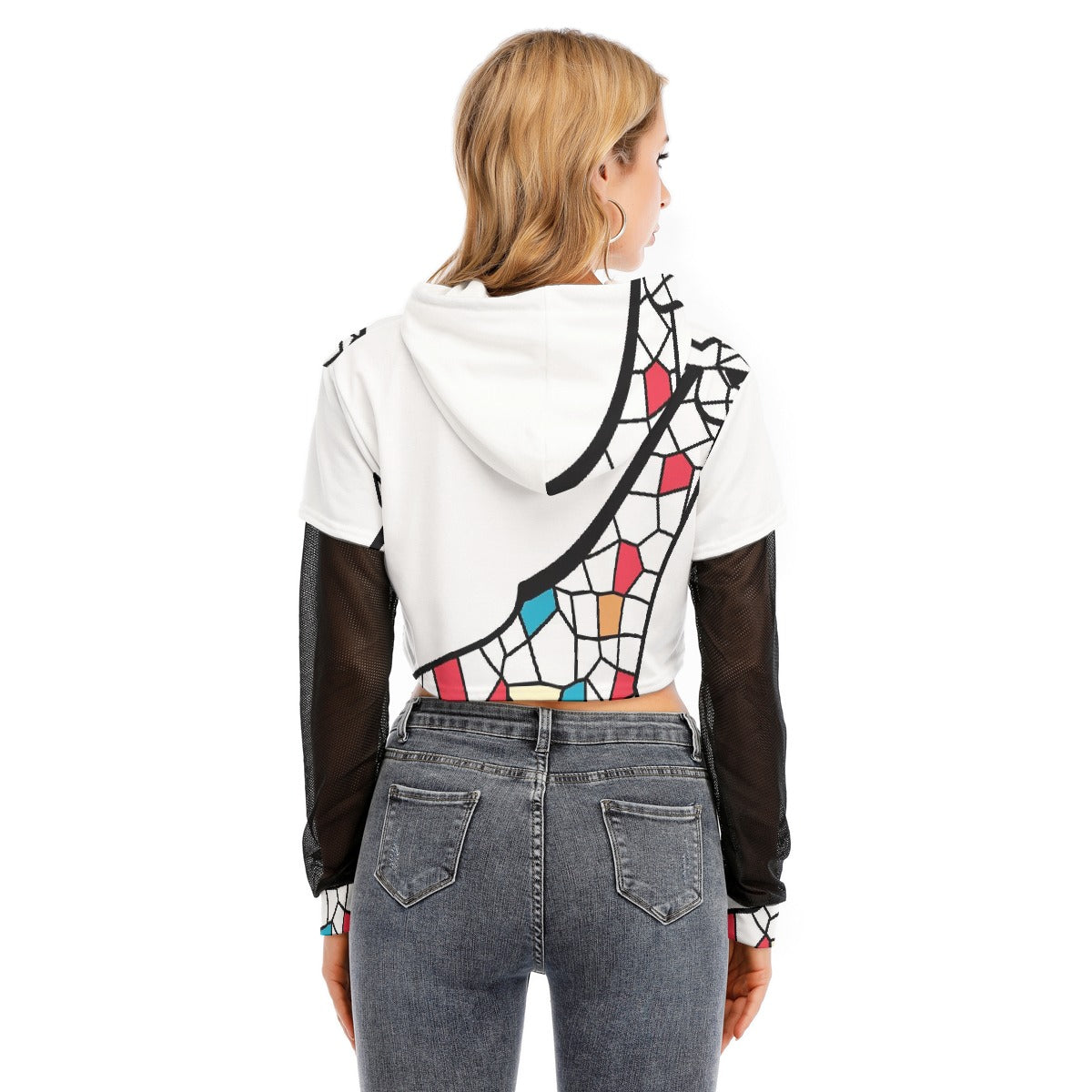 All-Over Print Women's Fake Two-piece Mesh Sleeve Cropped Hoodie