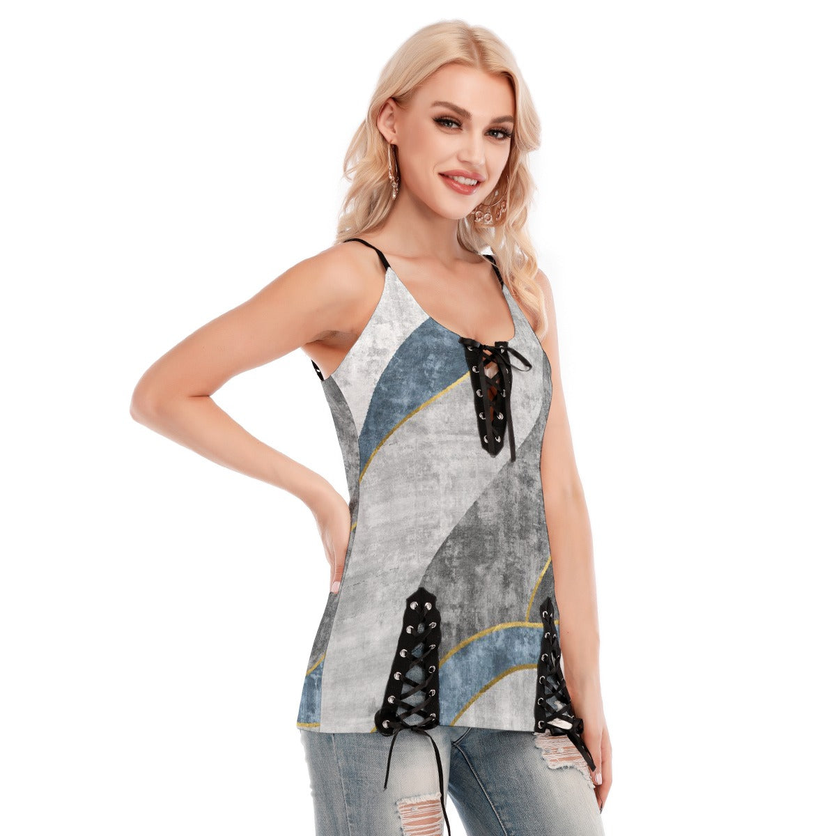 All-Over Print Women's V-neck Eyelet Lace-up Cami Dress
