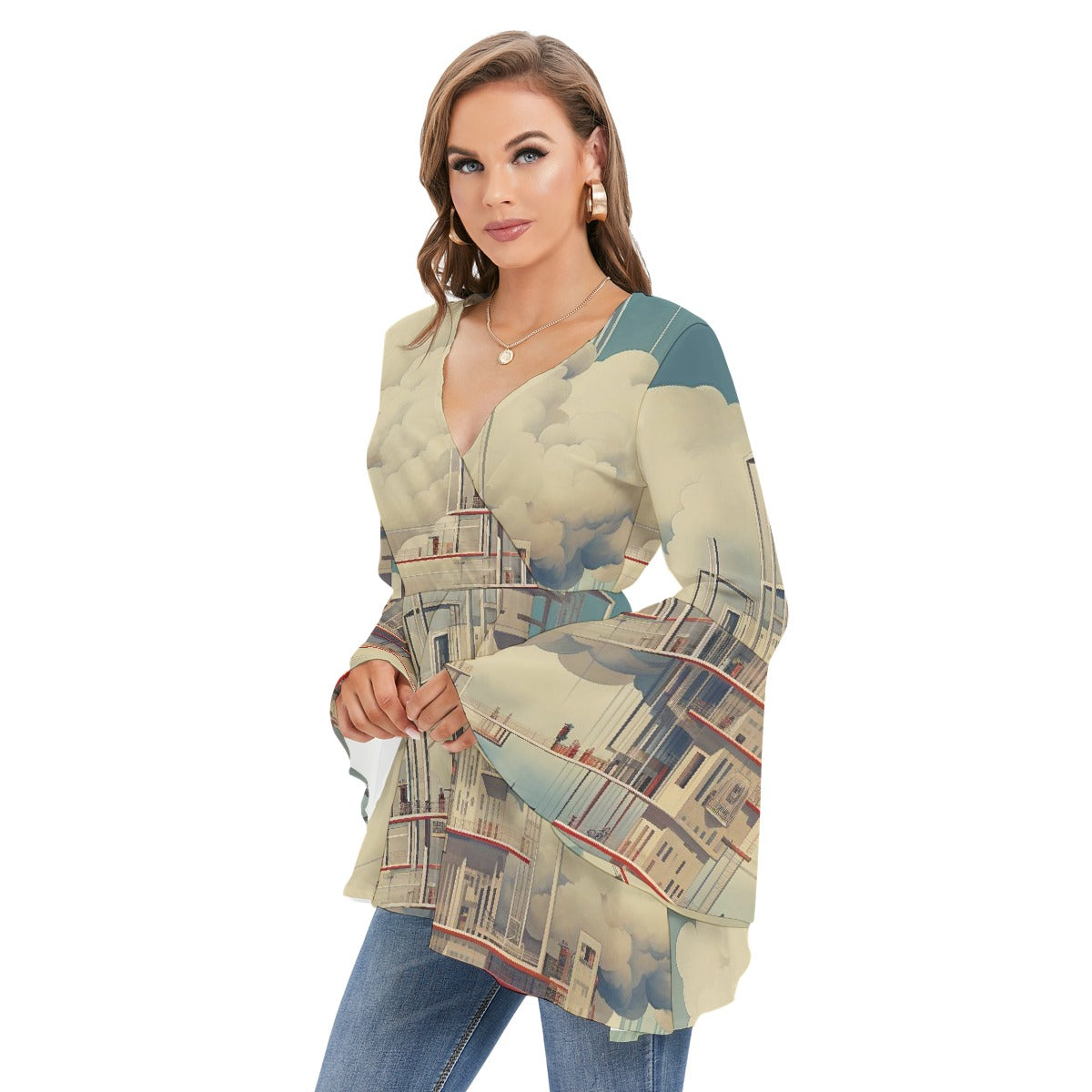 All-Over Print Women's V-neck Blouse With Flared Sleeves