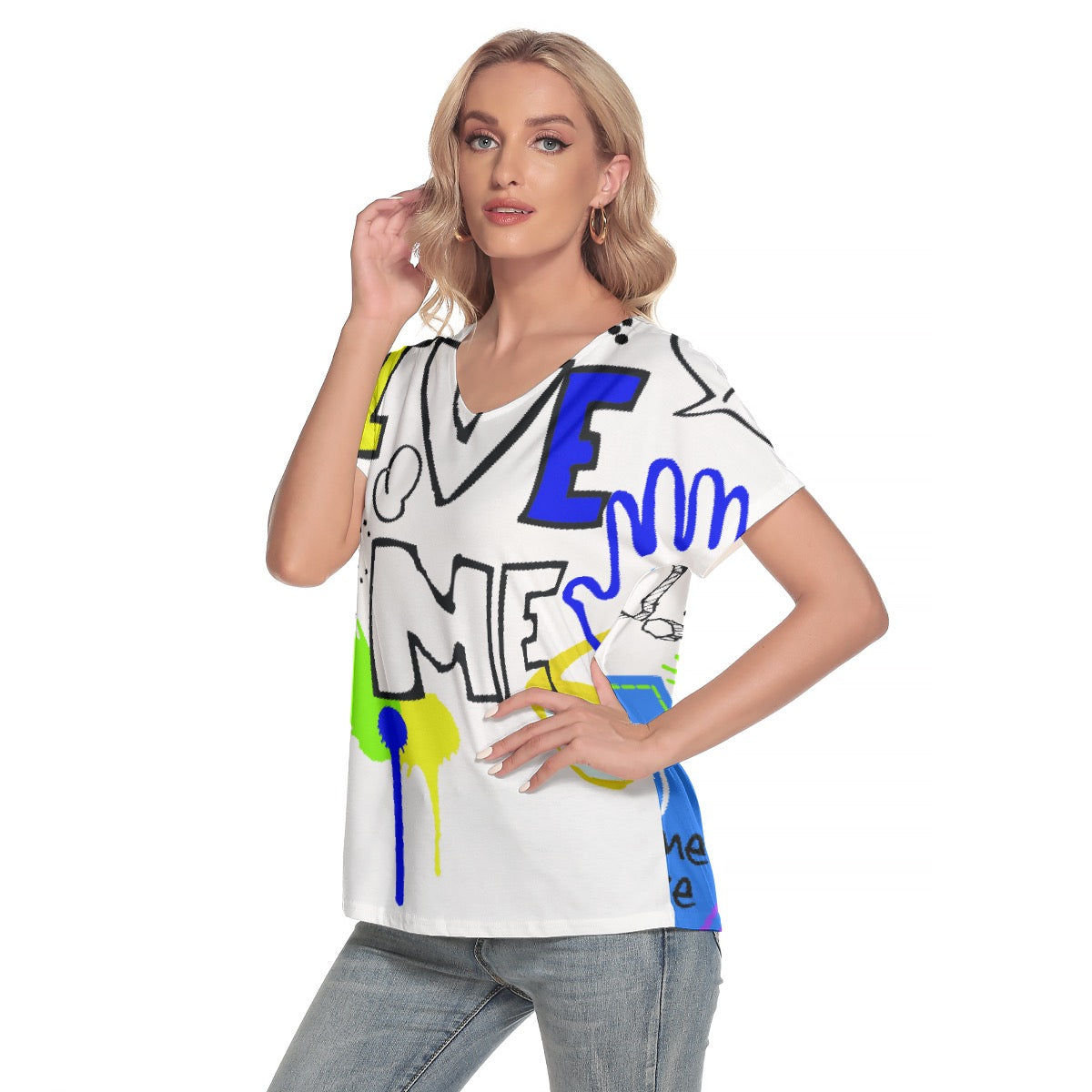 All-Over Print Women's Loose V-neck Short Sleeve T-shirt