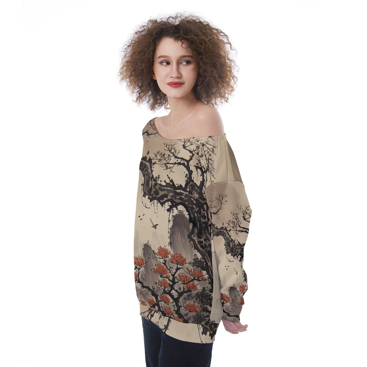 All-Over Print Oversized Women's Off-Shoulder Sweatshirt