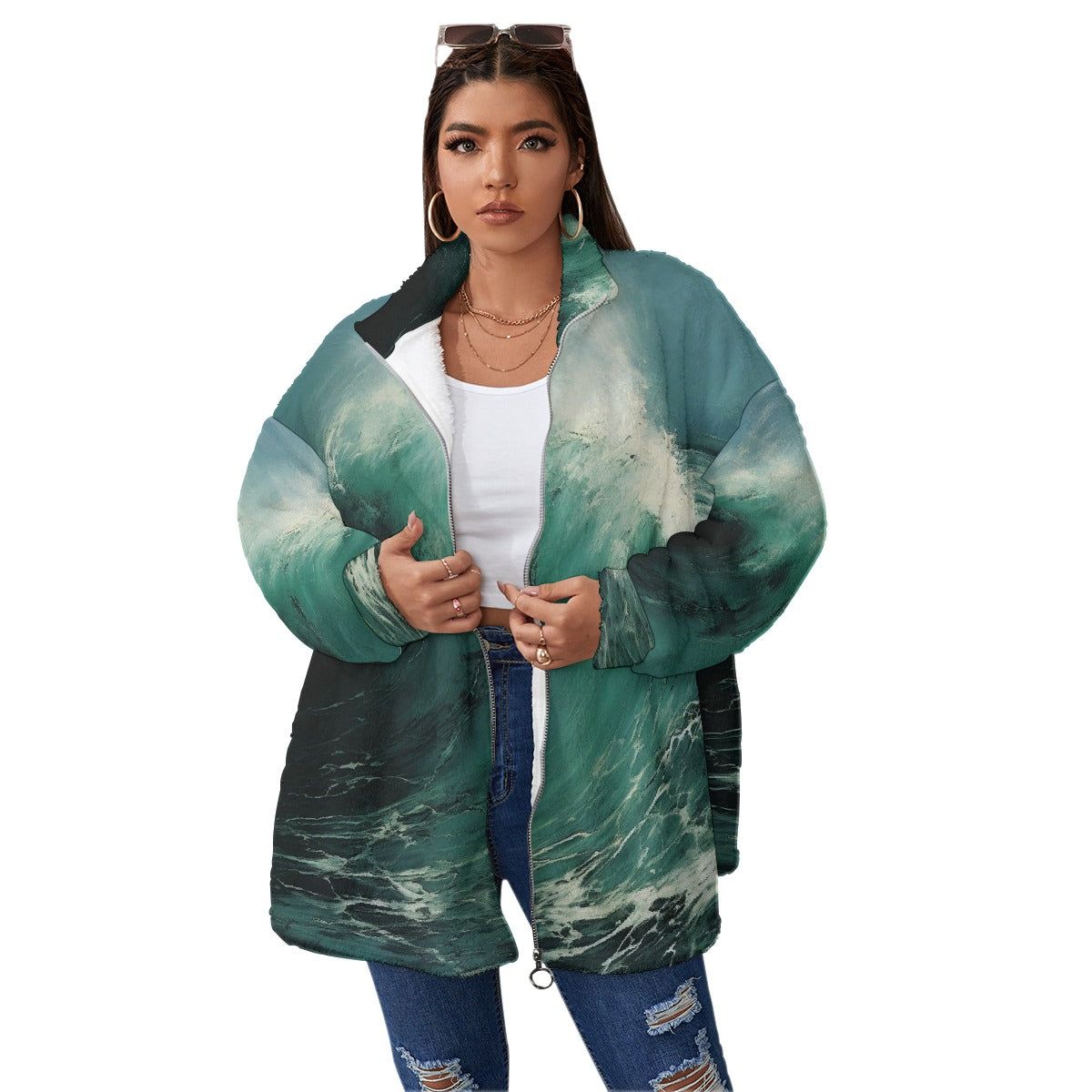 All-Over Print Unisex Borg Fleece Stand-up Collar Coat With Zipper Closure(Plus Size)