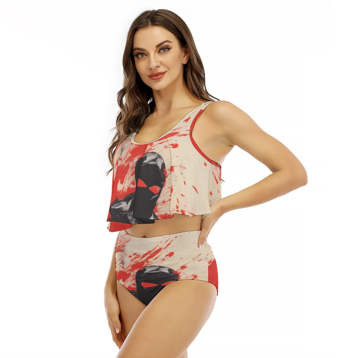 All-Over Print Women's Ruffled Vest Bikini Swimsuit