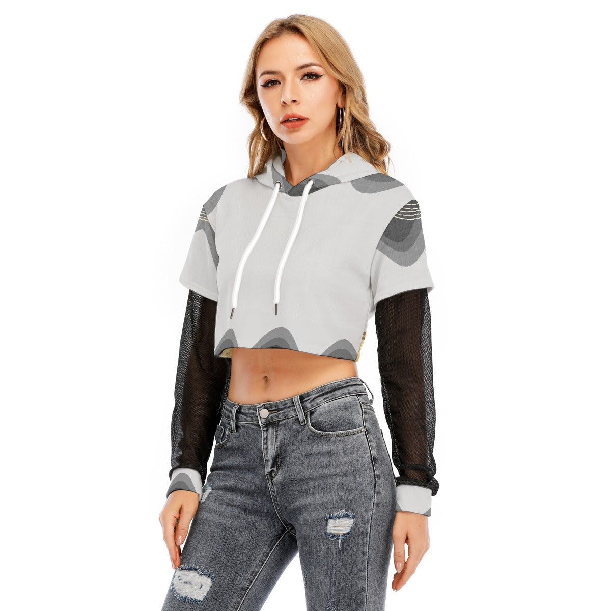 All-Over Print Women's Fake Two-piece Mesh Sleeve Cropped Hoodie