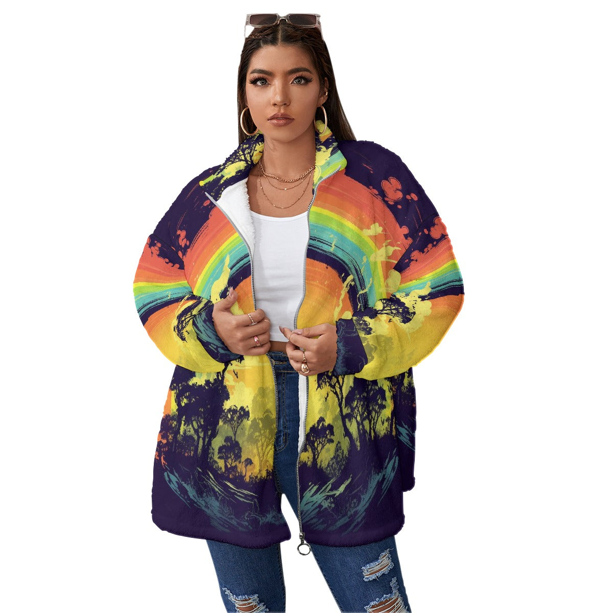 All-Over Print Unisex Borg Fleece Stand-up Collar Coat With Zipper Closure(Plus Size)