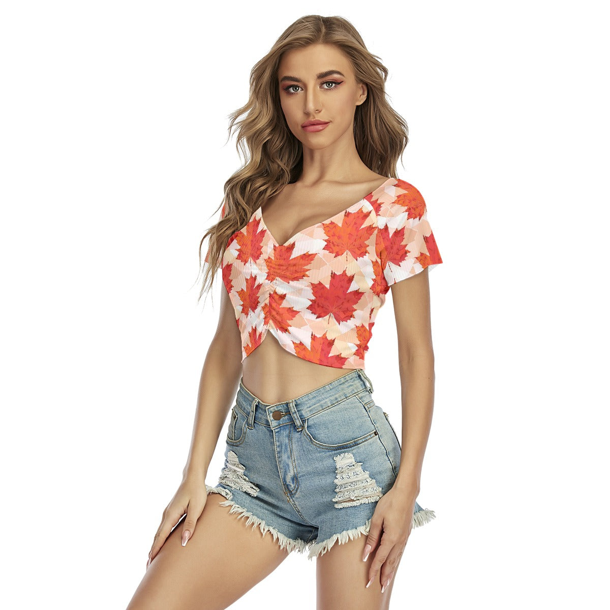 All-Over Print Women's Raglan Drawstring Front  Crop Tee