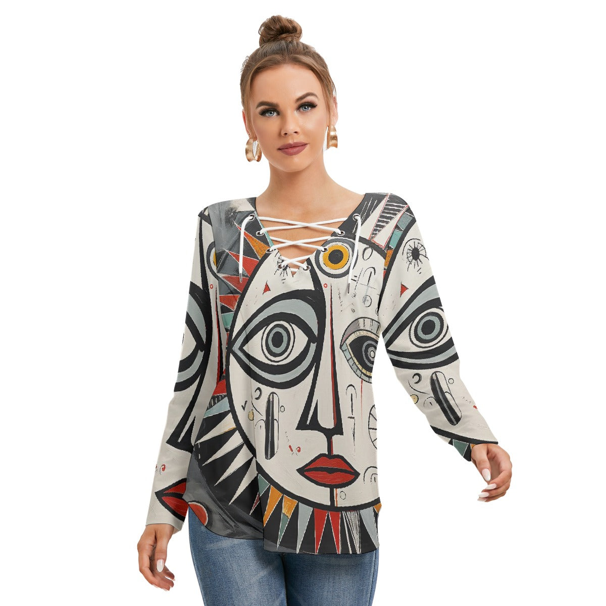 All-Over Print Women's Long Sleeve Neckline Tie Sweatshirt