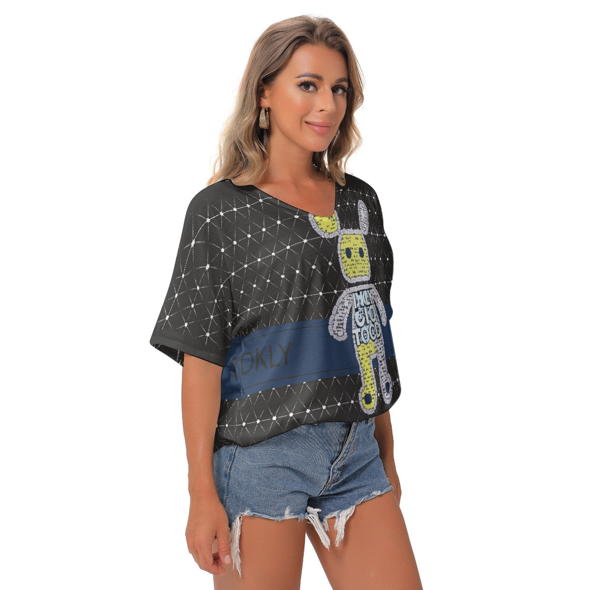 All-Over Print Women's Bat Sleeves V-Neck Blouse