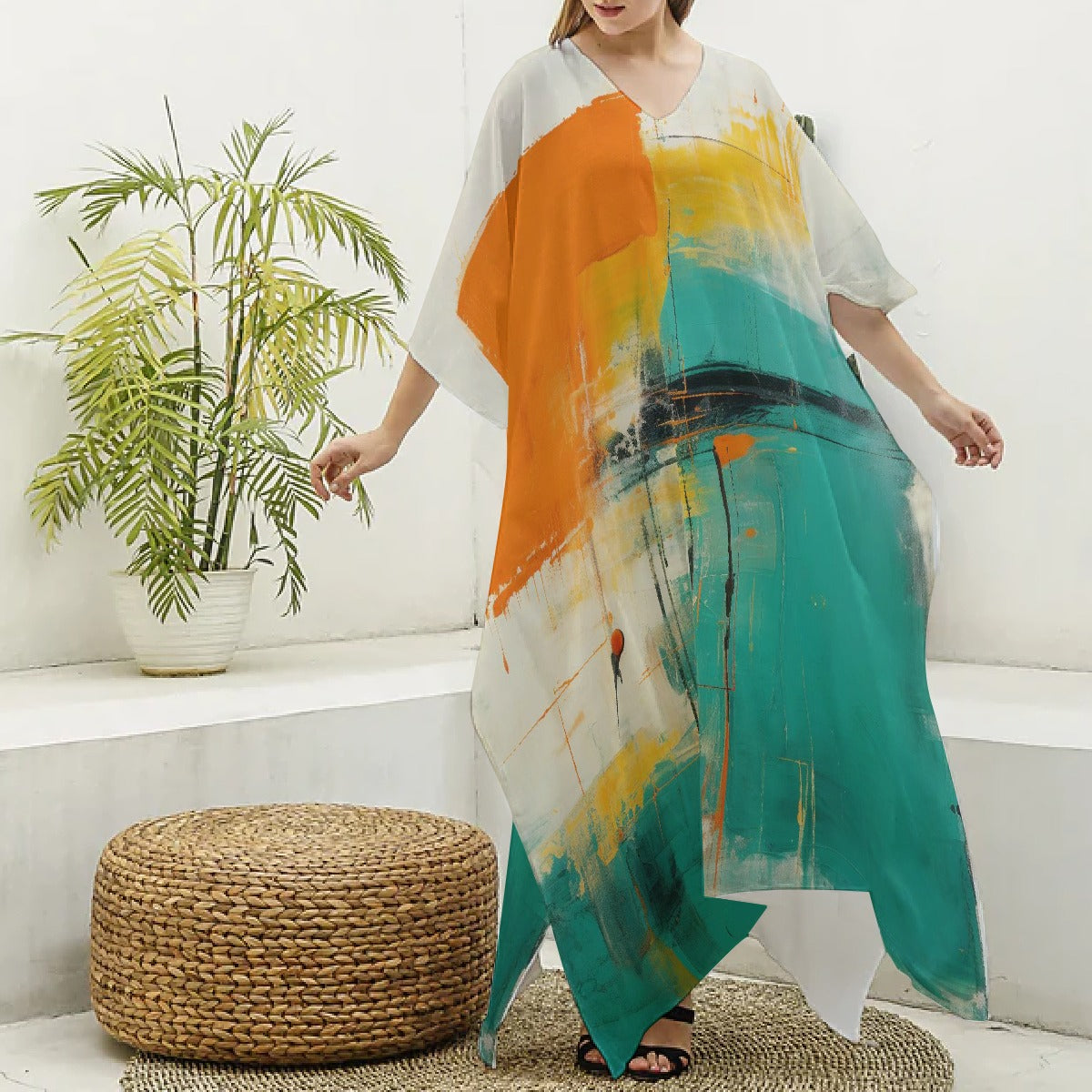 All-Over Print Women's Imitation Silk V-neck Kaftan Robe