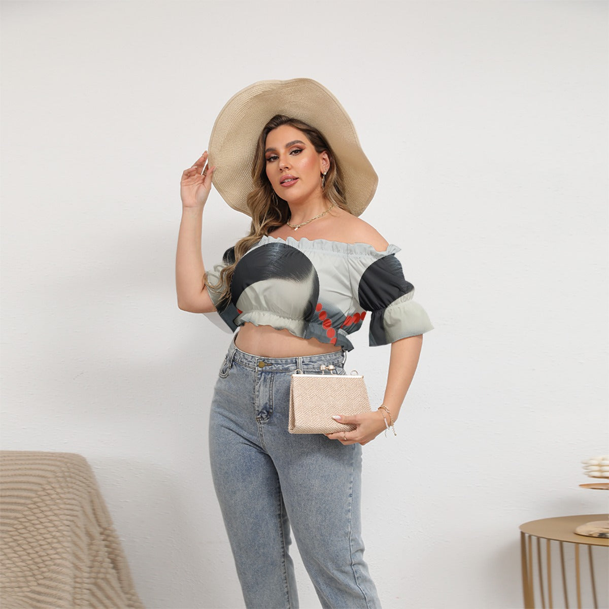All-Over Print Women's Off-shoulder Cropped Top With Short Puff Sleeve