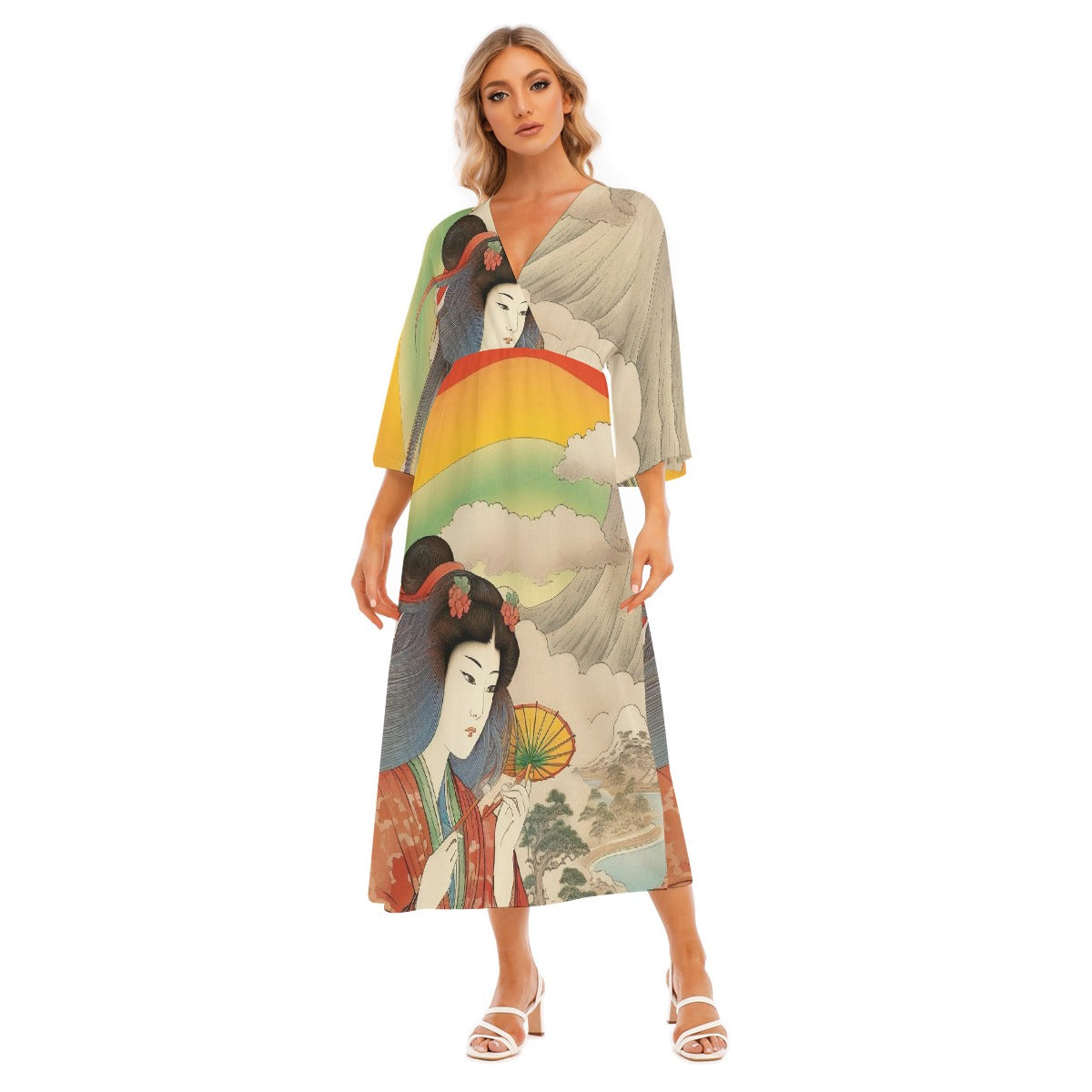 All-Over Print Women's Mid-Sleeve Long Dress