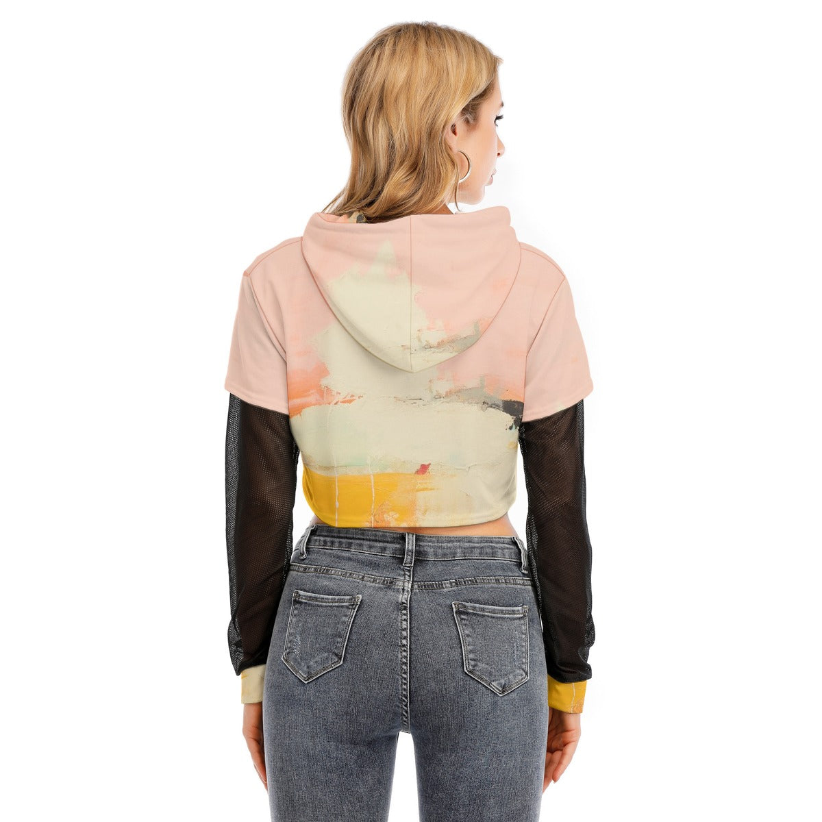 All-Over Print Women's Fake Two-piece Mesh Sleeve Cropped Hoodie
