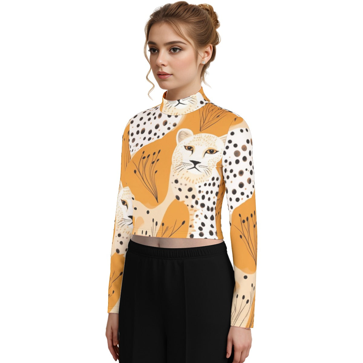 Eco-Friendly All-Over Print Women's Turtleneck T-shirt With Long Sleeve