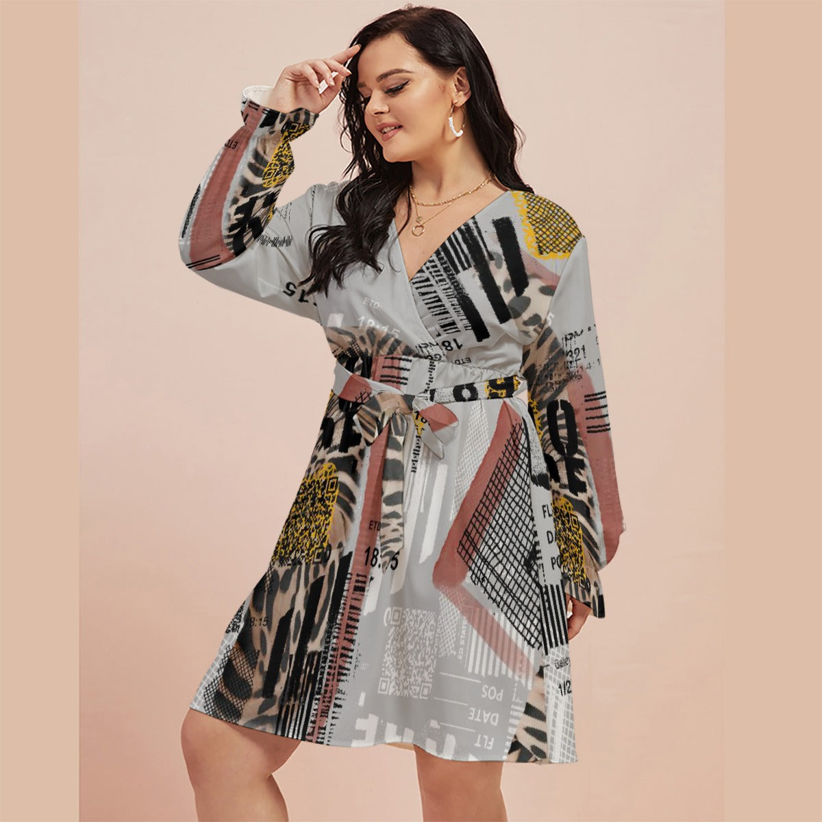 All-Over Print Women's V-neck Dress With Waistband(Plus Size)