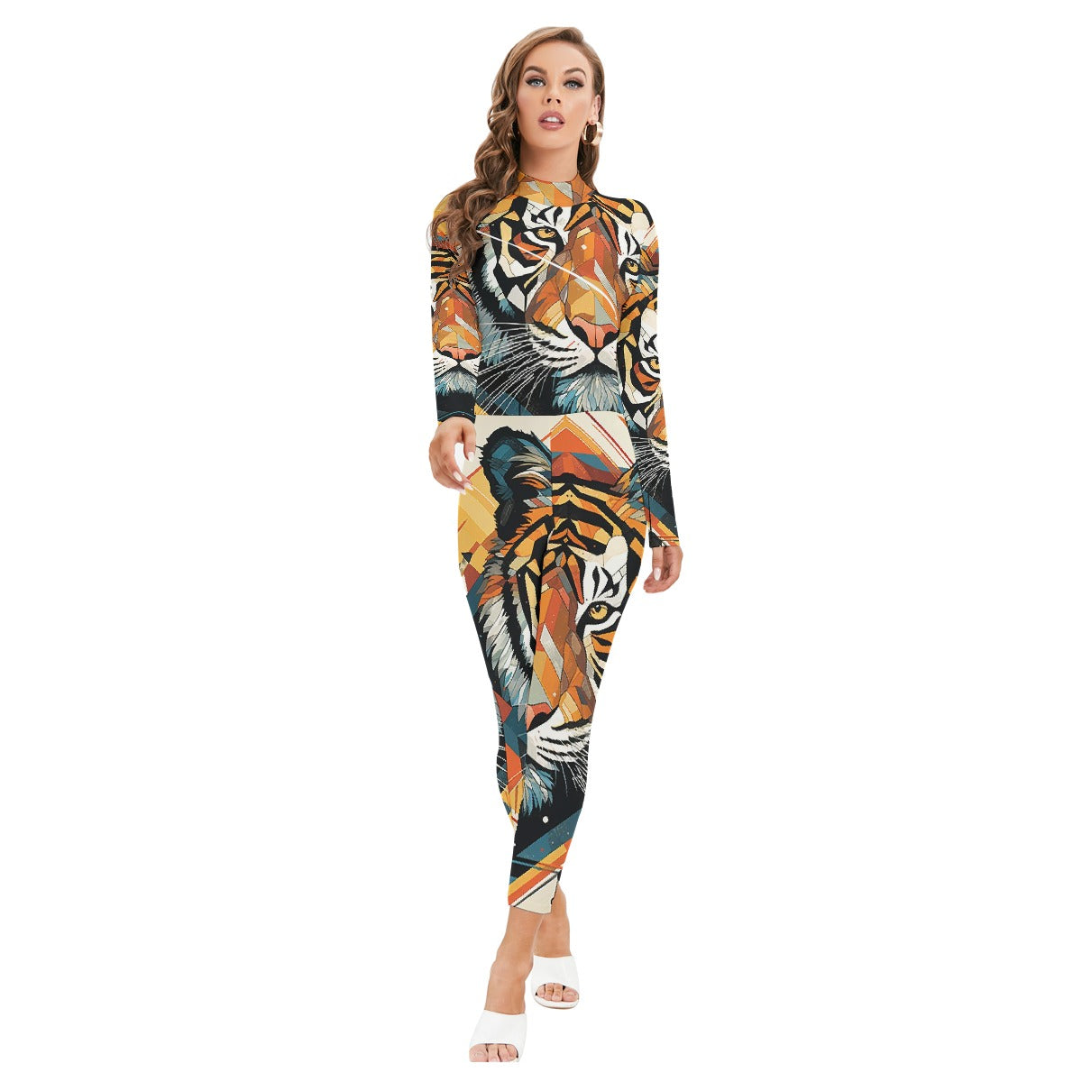 All-Over Print Women's Long-sleeved High-neck Jumpsuit With Zipper