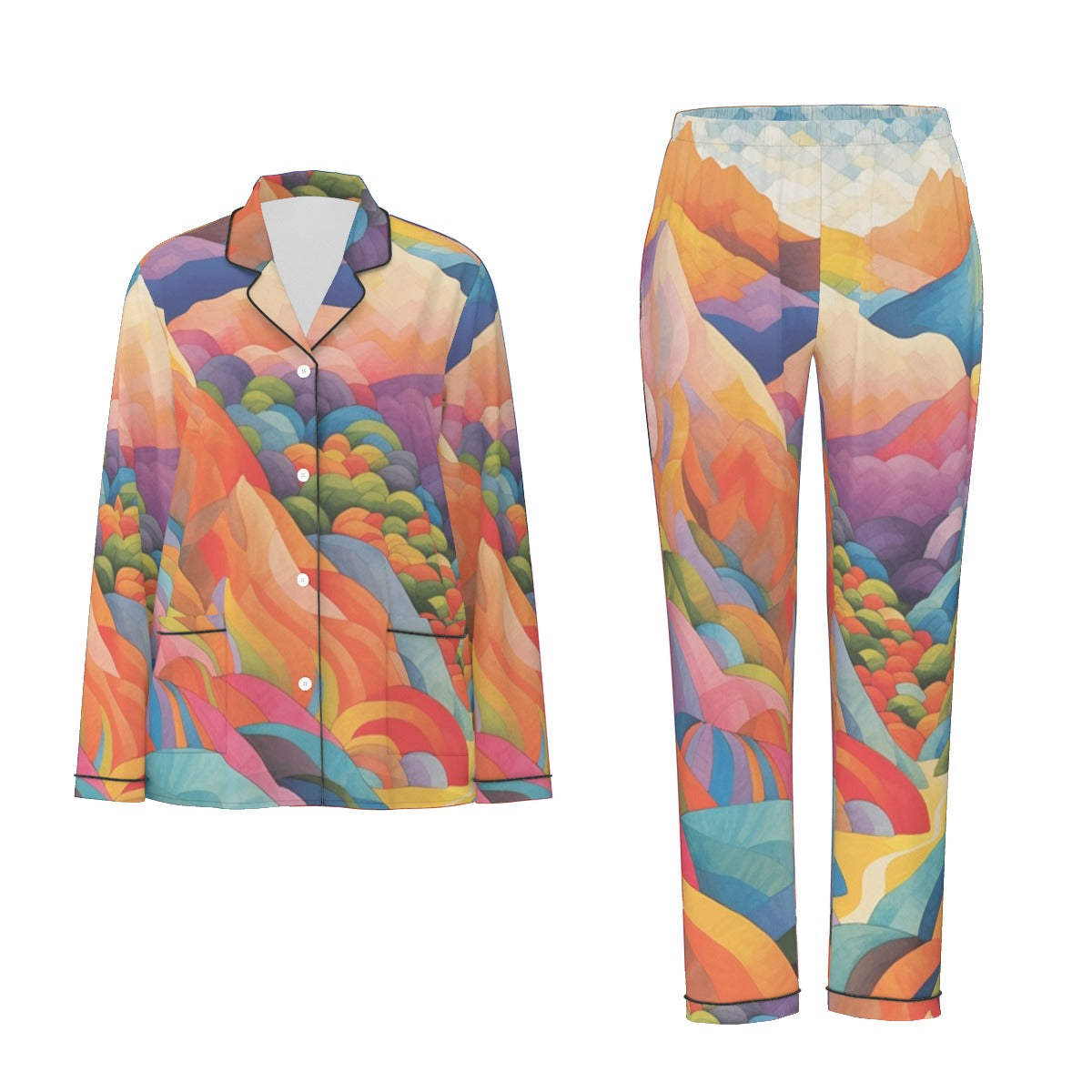 All-Over Print Women's Long Sleeve Pajama Set With Black Contrast Piping