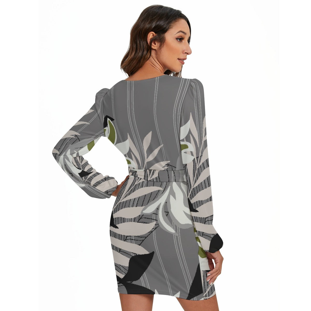 All-Over Print Women's Long Sleeve Dress With Waist Belt