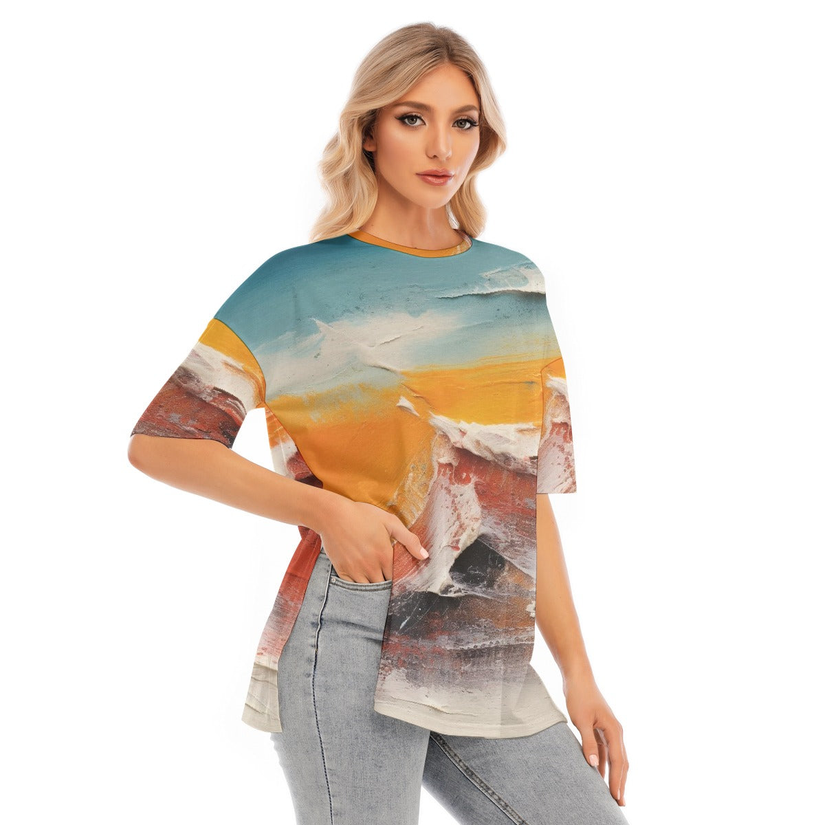 All-Over Print Women's Short Sleeves T-shirt With Hem Split