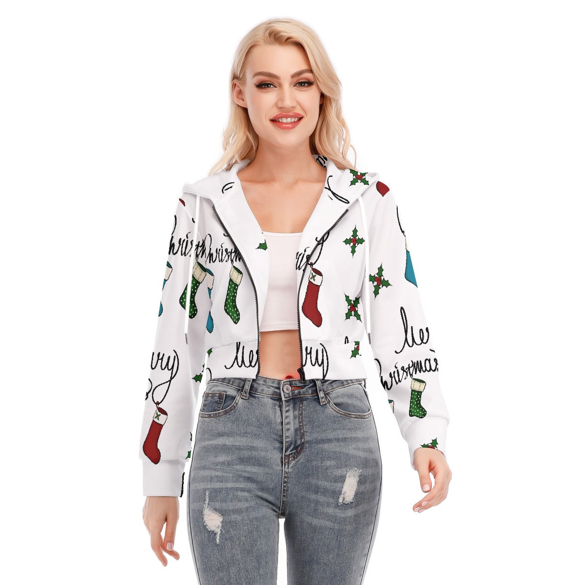 All-Over Print Women's Crop Top Hoodie With Zipper Closure