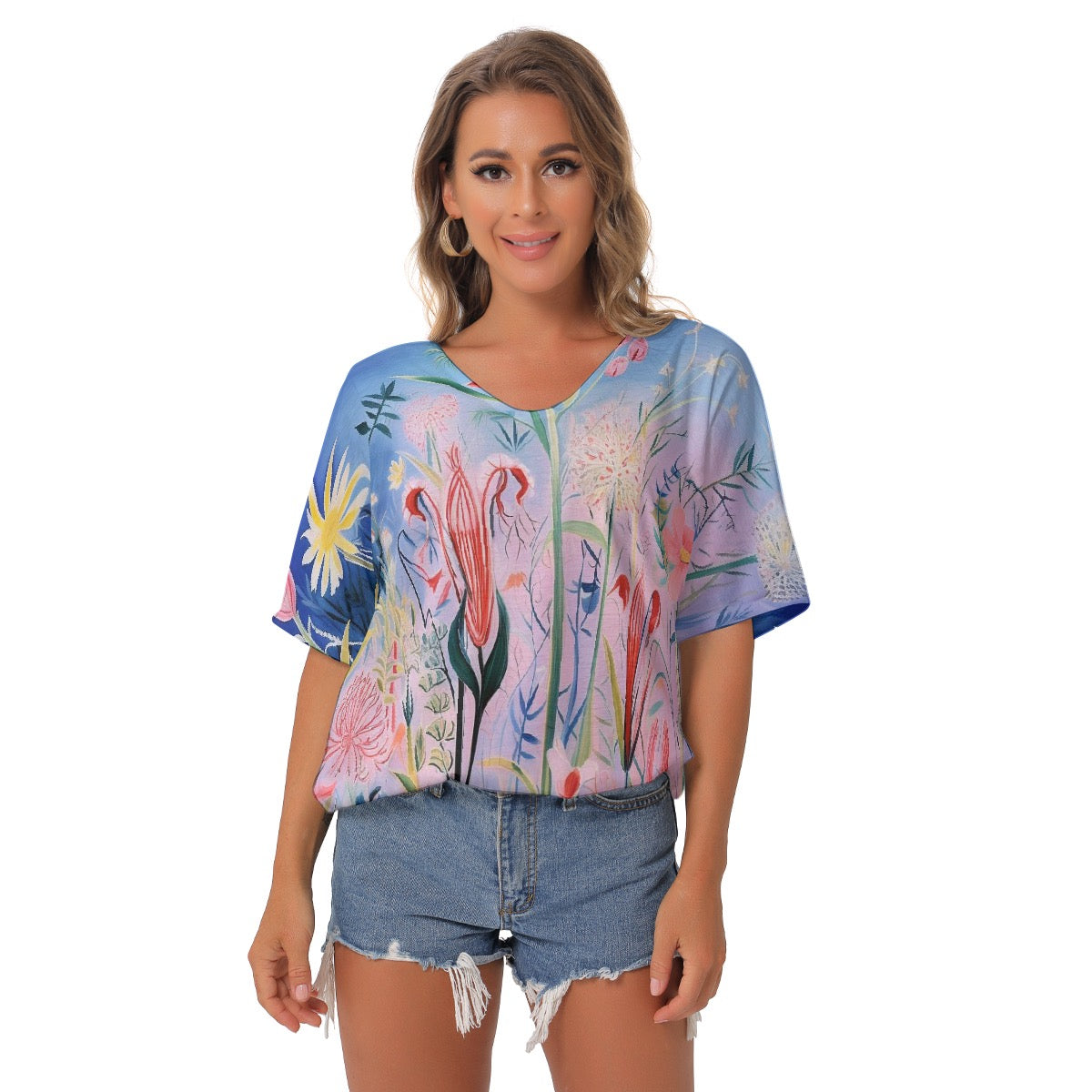 All-Over Print Women's Bat Sleeves V-Neck Blouse