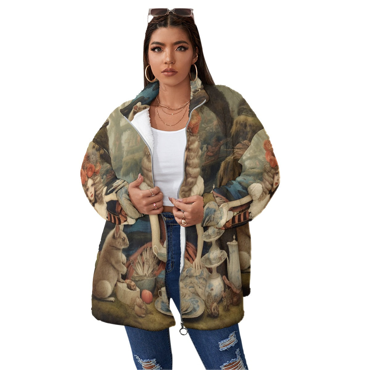 All-Over Print Unisex Borg Fleece Stand-up Collar Coat With Zipper Closure(Plus Size)