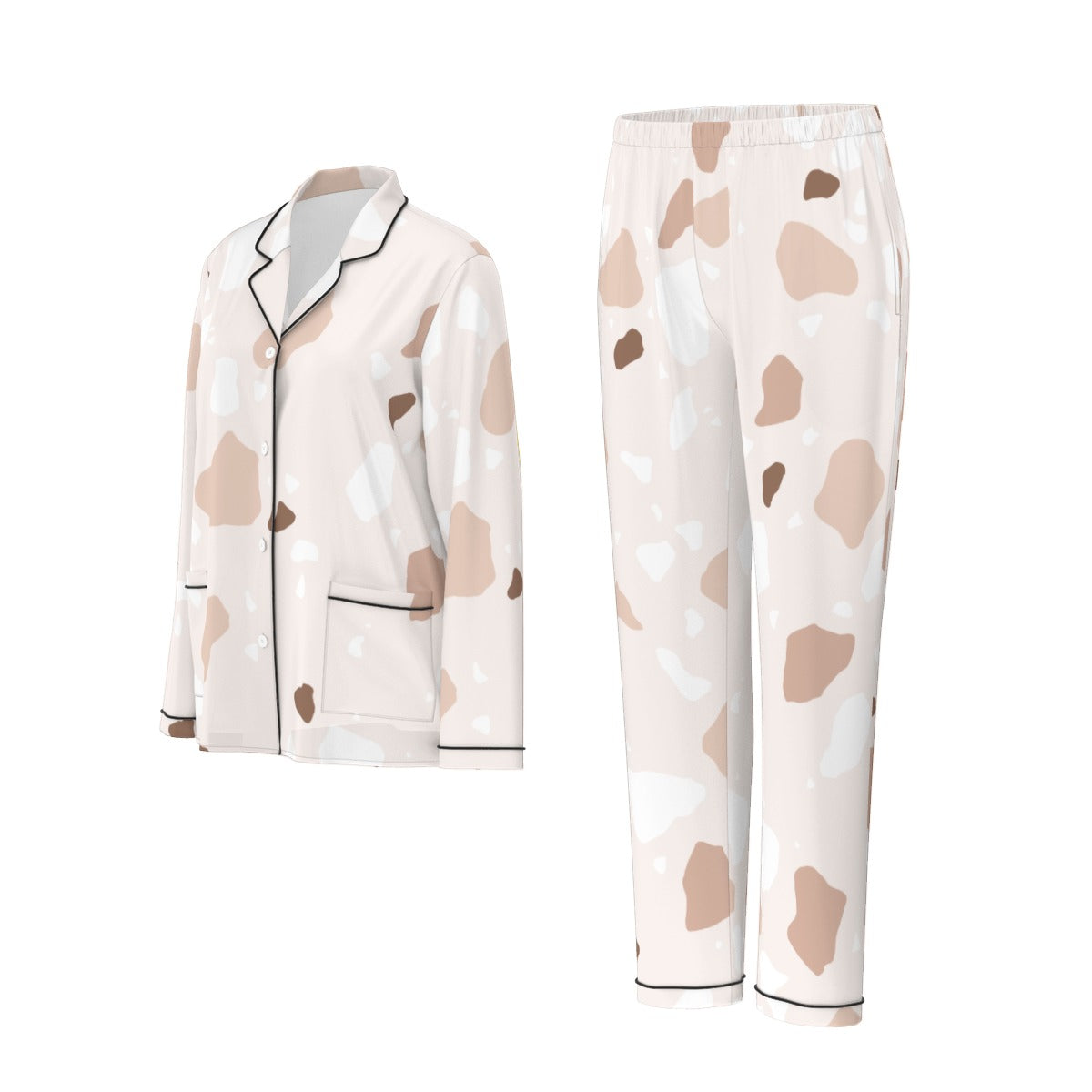 All-Over Print Women's Long Sleeve Pajama Set With Black Contrast Piping