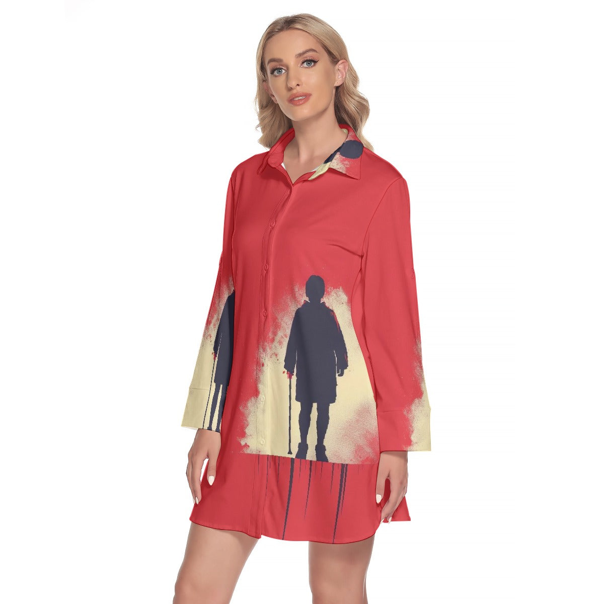 All-Over Print Women's Lapel Shirt Dress With Long Sleeve