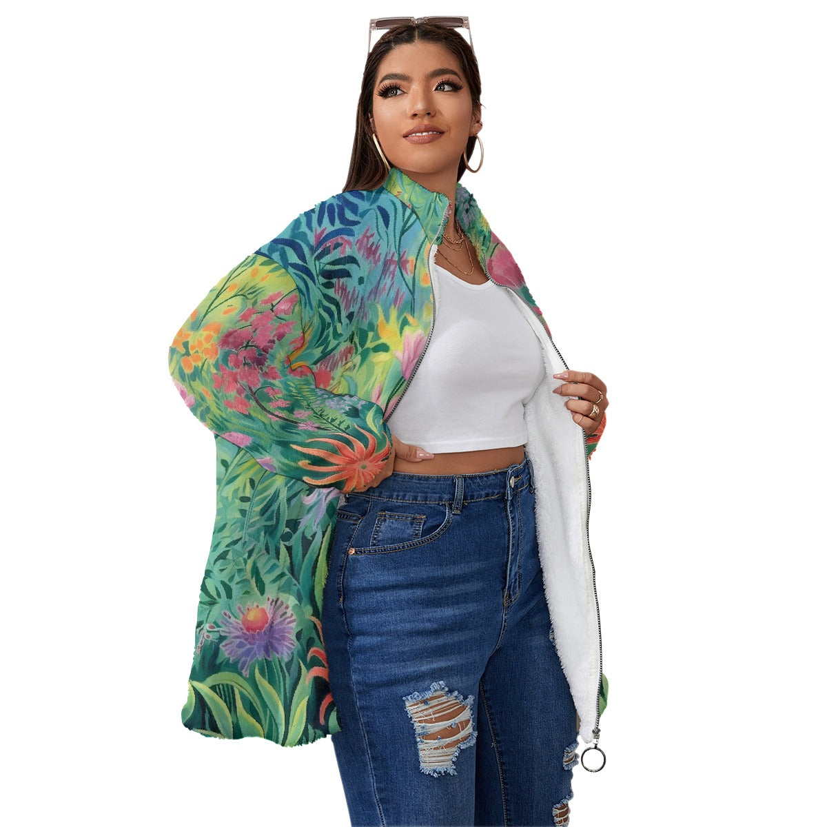 All-Over Print Unisex Borg Fleece Stand-up Collar Coat With Zipper Closure(Plus Size)