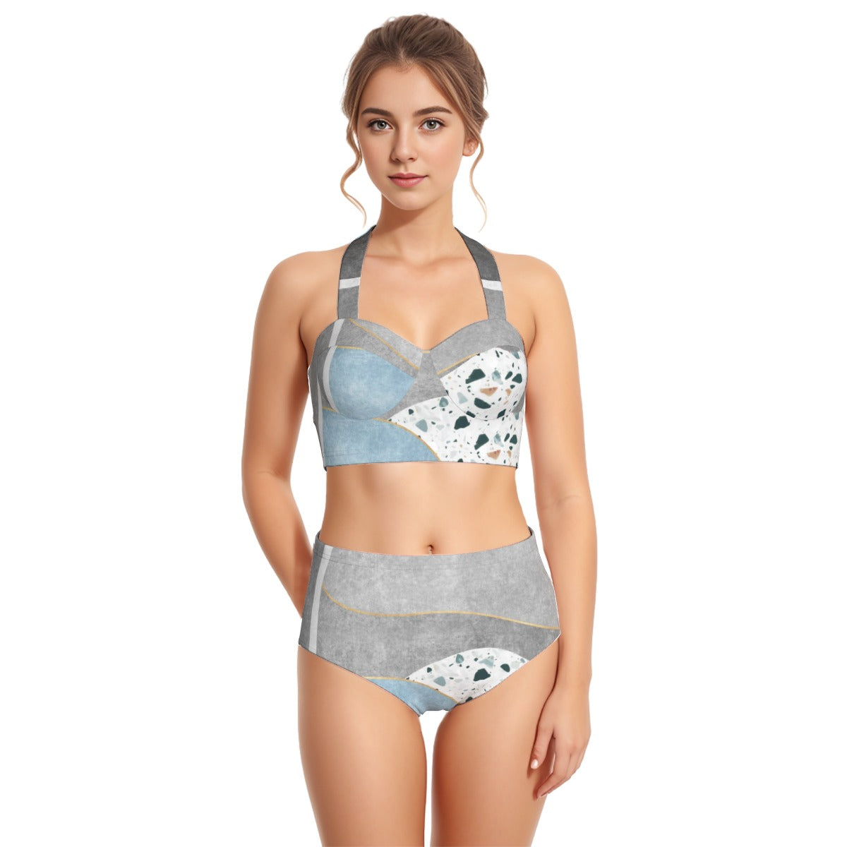 All-Over Print Women's Swimsuit Set With Halter