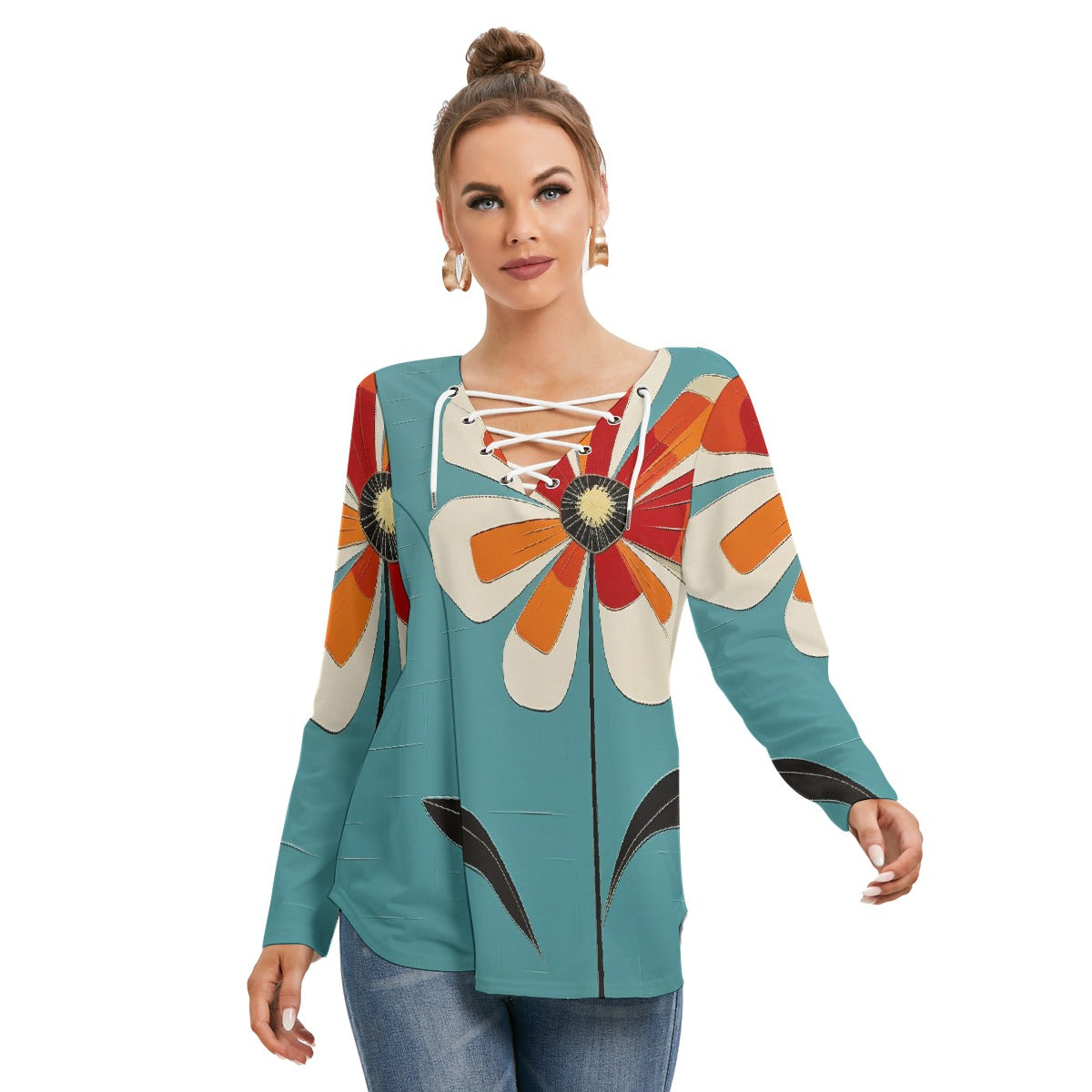 All-Over Print Women's Long Sleeve Neckline Tie Sweatshirt