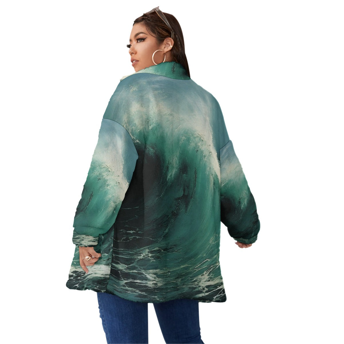 All-Over Print Unisex Borg Fleece Stand-up Collar Coat With Zipper Closure(Plus Size)