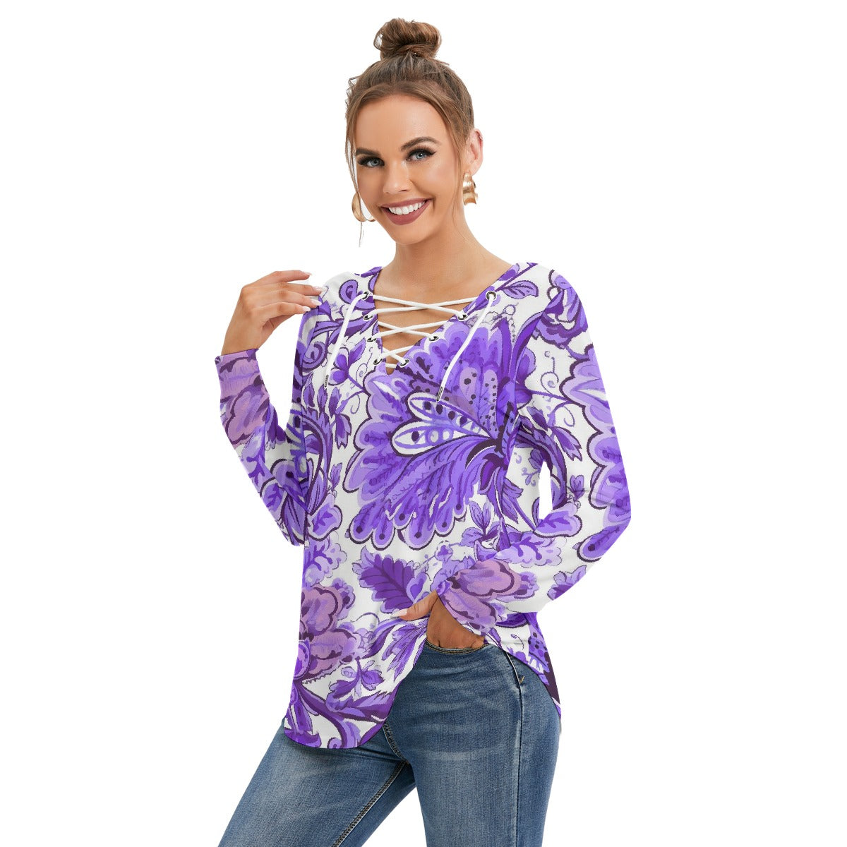 All-Over Print Women's Long Sleeve Neckline Tie Sweatshirt