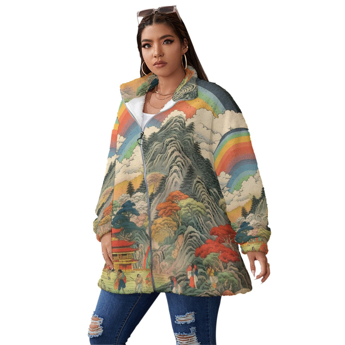 All-Over Print Unisex Borg Fleece Stand-up Collar Coat With Zipper Closure(Plus Size)
