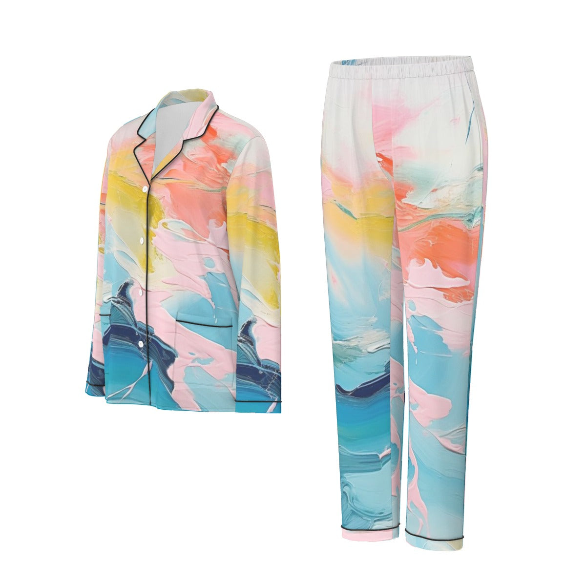 All-Over Print Women's Long Sleeve Pajama Set With Black Contrast Piping